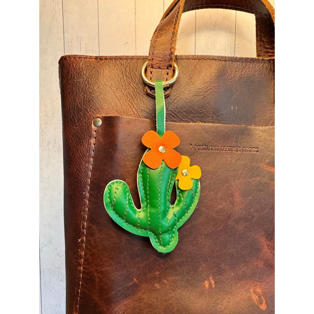 Vegan Leather Flower Cactus Keychain Purse Charm Boho Green Keychain Fast Ship